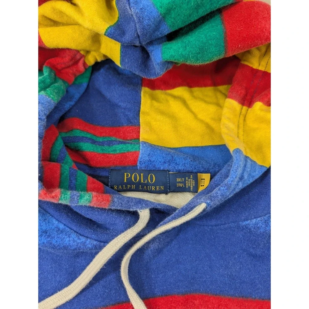 Polo Ralph Lauren Hoodie Mens 3XLT Tall Multicolor Stripe Cotton Pullover Logo